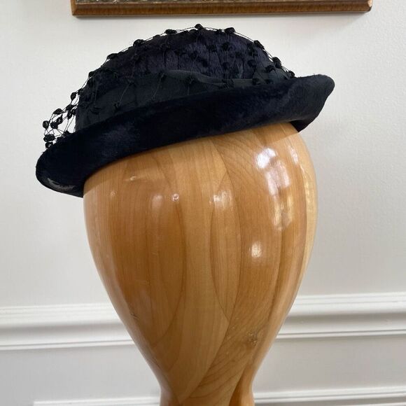 Vintage 60s Black Hat Veil Grossgrain Ribbon Bow Band Small - Picture 3 of 8